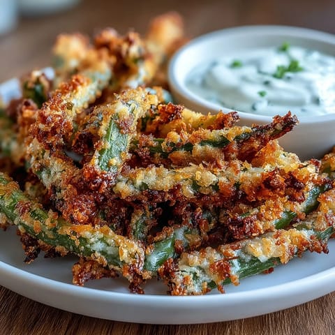 Air fryer green bean fries coated in Parmesan panko, golden and crispy, paired with tangy yogurt ranch dip.  