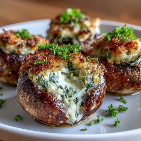 Savory air fryer stuffed mushrooms bursting with cream cheese, spinach, and Parmesan, offering a crispy, flavorful bite every time.  
