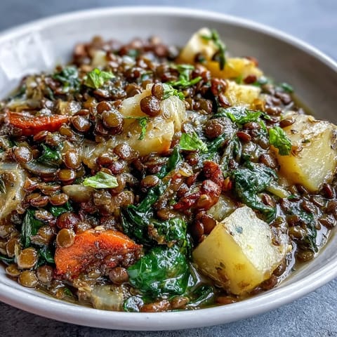 A steaming bowl of Little Sprout Green Lentil Stew with tender carrots, potatoes, and aromatic herbs for a comforting vegetarian dinner.