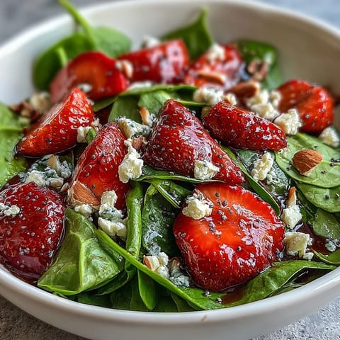 Fresh baby spinach and ripe strawberries tossed with creamy feta and crunchy almonds, drizzled with tangy poppy seed dressing.  
