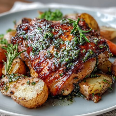 Aromatic rosemary and thyme-seasoned chicken thighs paired with roasted baby potatoes and carrots for a hearty, comforting dinner.  