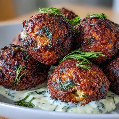 Herb-packed falafel balls made in the air fryer, served with creamy green tahini sauce and fresh parsley.  