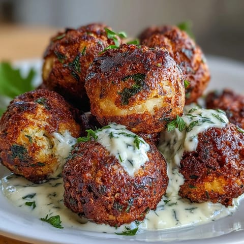 Crispy air fryer falafel with golden brown crust and vibrant green tahini sauce for dipping.  