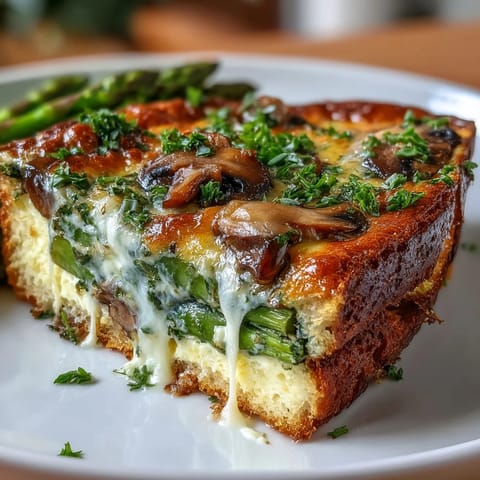 Asparagus and mushroom frittata with a golden sourdough crust, baked to perfection for a hearty vegetarian brunch.