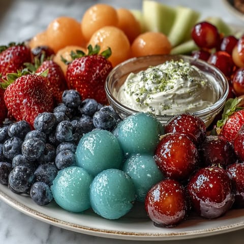 A vibrant summer fruit platter with watermelon, cantaloupe, honeydew, berries, and grapes arranged around a creamy honey-lime yogurt dip.