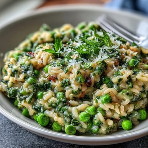 A bowl of creamy spring pea and mint risotto with Parmesan, garnished with fresh mint leaves and lemon zest.