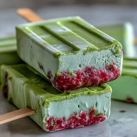 Creamy Strawberry Matcha Latte Popsicles with vibrant red strawberry and green matcha layers in popsicle molds.