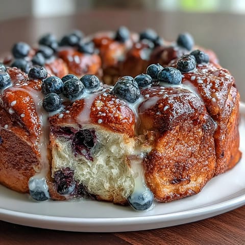 Fresh lemon blueberry sourdough pull-apart breakfast bread, layered with tangy lemon sugar and juicy blueberries, ready to tear and share.  