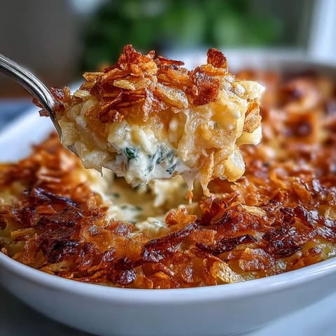 Cheesy lightened funeral potatoes with Greek yogurt sauce, topped with crispy cornflakes for a comforting, healthier casserole.  