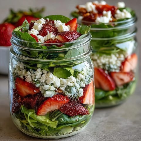 Vibrant layered jar salads featuring juicy strawberries, crumbled goat cheese, crunchy pecans, and crisp greens, perfect for picnics, meal prep, or light lunches.