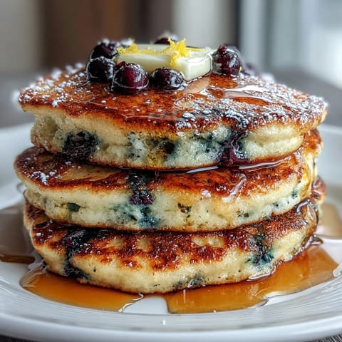 Golden sourdough discard pancakes with fresh blueberries and lemon zest, served stacked with a drizzle of maple syrup.  