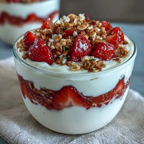 Strawberry Shortcake Overnight Oats with Vanilla Yogurt - Creamy oats layered with fresh strawberries and vanilla yogurt, topped with crunchy granola for a breakfast that tastes like dessert.
