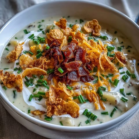 Hearty loaded baked potato soup with creamy cheese, crispy potato chips, and savory bacon in a rustic bowl.  