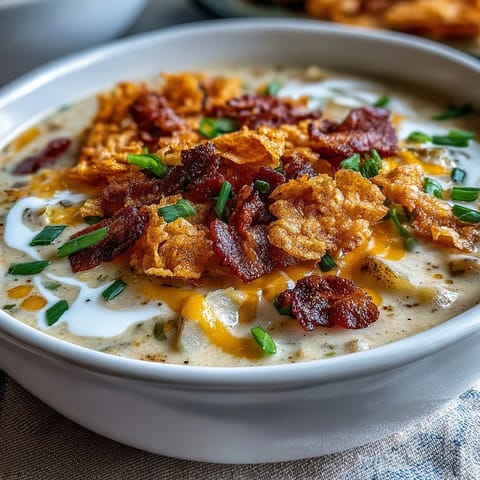 Comforting funeral potatoes soup with tender potatoes, melted cheddar, and crunchy chip topping in a steaming mug.  