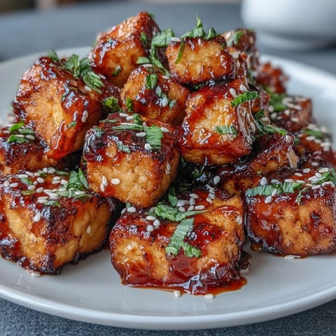 Crispy tofu nuggets coated in a sweet chili sauce, air-fried to golden perfection and garnished with sesame seeds.  