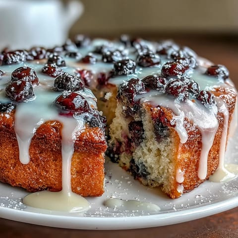 Golden blueberry lemon sourdough skillet cake with fresh berries and zesty lemon icing drizzle in a cast iron pan.