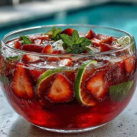 A vibrant strawberry daiquiri punch bowl filled with fresh strawberries and lime slices, ready for spring celebrations.