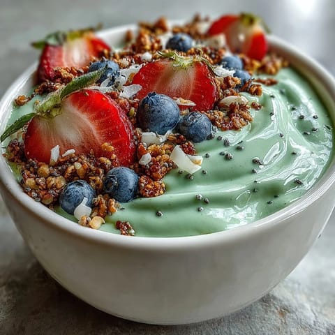 Fluffy Yogurt Matcha Latte Smoothie Bowl with fresh berries and crunchy granola, a vibrant and nourishing breakfast or snack.  