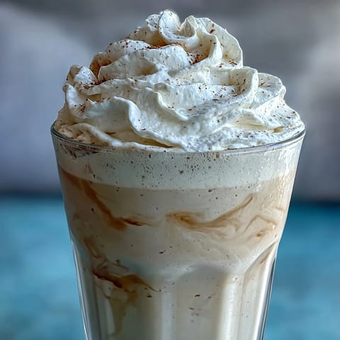 A creamy vanilla bean frappuccino protein shake with Greek yogurt, topped with whipped cream and vanilla bean specks.  