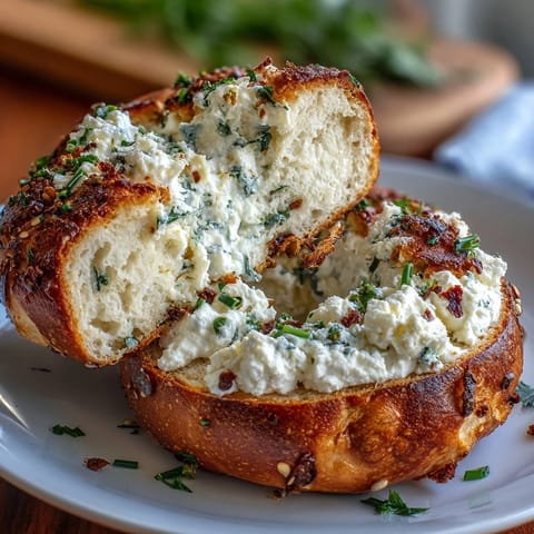 1. Golden-brown garlic herb protein bagels with cottage cheese spread, garnished with fresh chives and parsley.  
