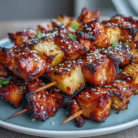 Juicy air-fried chicken and pineapple bites glazed with honey and soy, garnished with sesame seeds for a sweet-savory appetizer.
