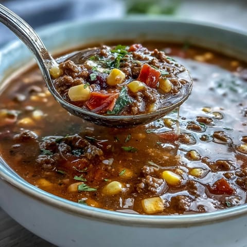 A steaming bowl of taco soup filled with ground beef, beans, and vibrant vegetables, garnished with shredded cheese and fresh cilantro.  