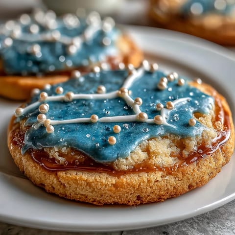 Elegant Pisces constellation sugar cookies decorated with royal icing and edible gold pearls, perfect for stargazing parties.