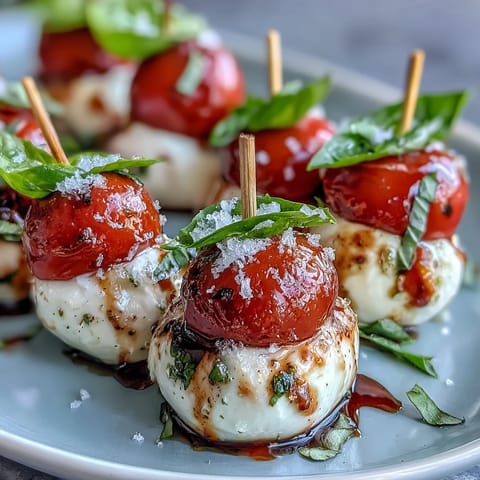 Bridal Shower Caprese Skewers with cherry tomatoes, mozzarella, and basil drizzled with balsamic glaze.  