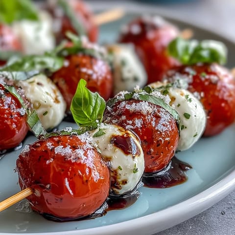 Elegant bridal shower appetizer featuring fresh mozzarella balls, cherry tomatoes, and fragrant basil on skewers.  