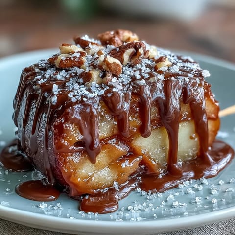 Indulge in crisp apple slices coated in rich caramel and topped with a decadent chocolate drizzle for a sweet snack.