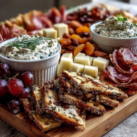 A vibrant housewarming charcuterie board with cured meats, cheeses, and fresh produce, served with herbed Greek yogurt dip and roasted red pepper hummus.