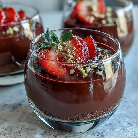 No-bake Dubai chocolate strawberry cups featuring silky ganache, macerated berries, and a crunchy cookie crust in elegant glasses.  