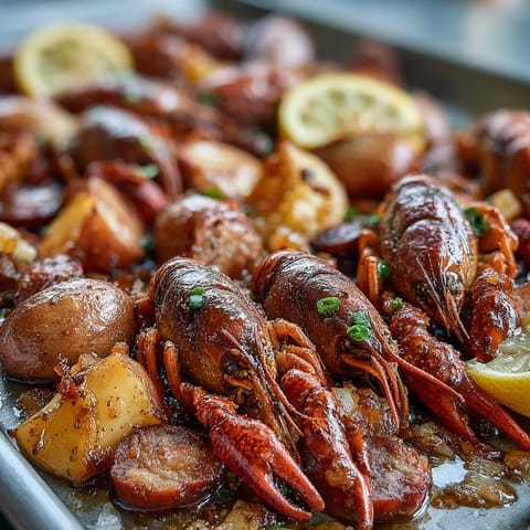 Golden roasted potatoes, sweet corn, and juicy crawfish mingle with smoky sausage in this easy indoor crawfish boil recipe.  