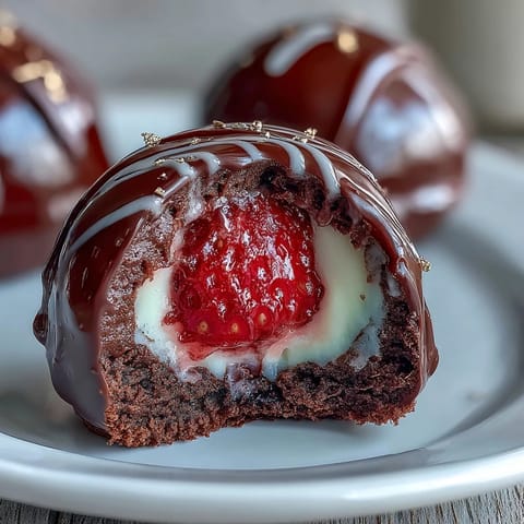 Dubai Chocolate Strawberry Bombs with Cream Filling: Elegant dessert featuring fresh strawberries wrapped in rich dark chocolate shells and filled with silky mascarpone cream.