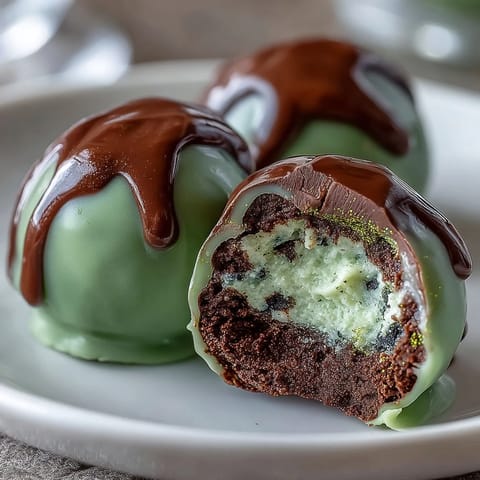 Festive St. Patrick's Day dessert featuring rich chocolate Oreo truffle balls dipped in green candy coating and edible glitter.
