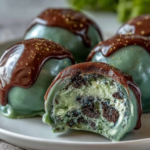 Vibrant green Oreo truffle balls with creamy filling, coated in white chocolate and festive sprinkles for a St. Patrick's Day treat.