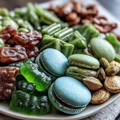 Festive St. Patrick's Day charcuterie board filled with green candies, mint treats, and shamrock cookies for a colorful celebration.