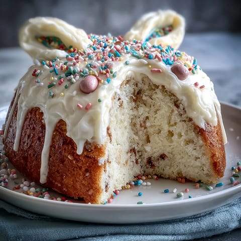 A festive Easter Bunny Cake with a hidden sprinkle center, perfect for holiday celebrations and kids' parties.