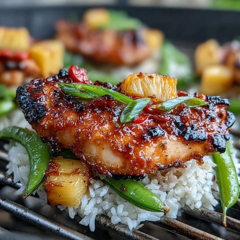 Flavorful foil packet dinner featuring marinated chicken, pineapple chunks, bell peppers, and rice, cooked on the grill.  