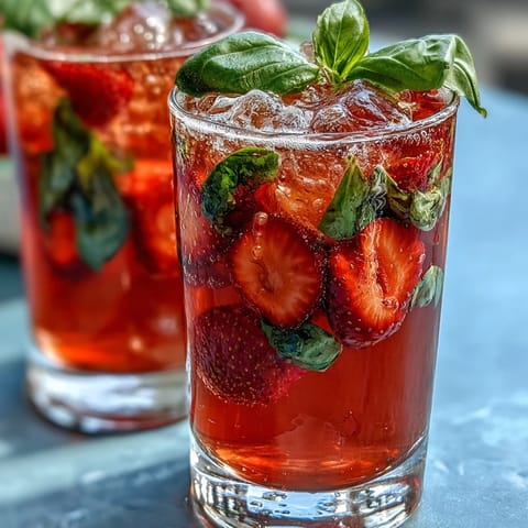 A refreshing pitcher of strawberry basil lemonade with fresh strawberries and basil leaves, perfect for summer gatherings.