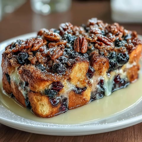A golden, baked French toast casserole with juicy blueberries and a cinnamon sugar topping, perfect for a festive Mother's Day brunch.