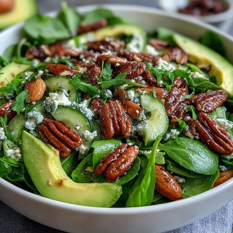 Spring Green Salad with Honey Mustard and Almonds: a vibrant mix of fresh greens, crunchy snap peas, and toasted almonds, tossed in a tangy honey mustard dressing for a refreshing bite.