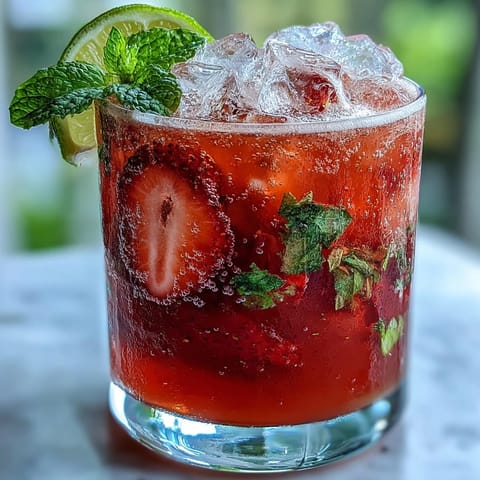 A refreshing strawberry lemon sparkling mocktail with vibrant red fruit and citrus garnish, perfect for spring brunches.