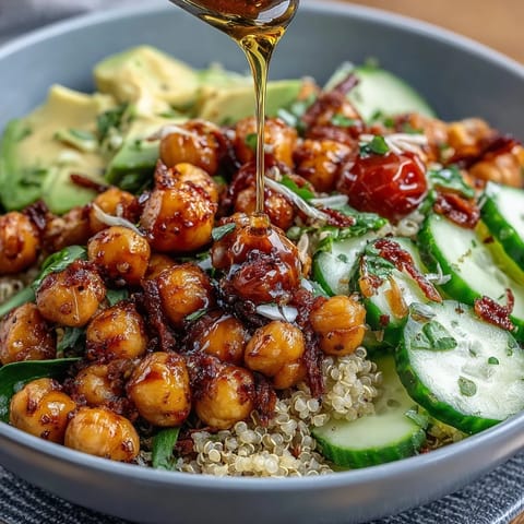 Fresh lemon vinaigrette grain bowls with roasted chickpeas, colorful vegetables, and fluffy quinoa for a healthy, plant-based meal.  