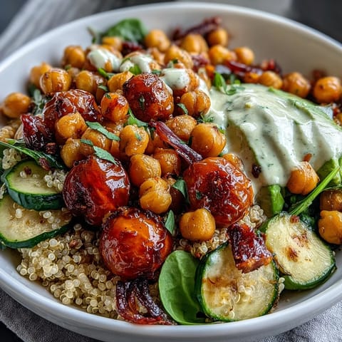 Roasted chickpeas and crisp veggies top hearty grains, drizzled with tangy lemon vinaigrette in vibrant grain bowls.  