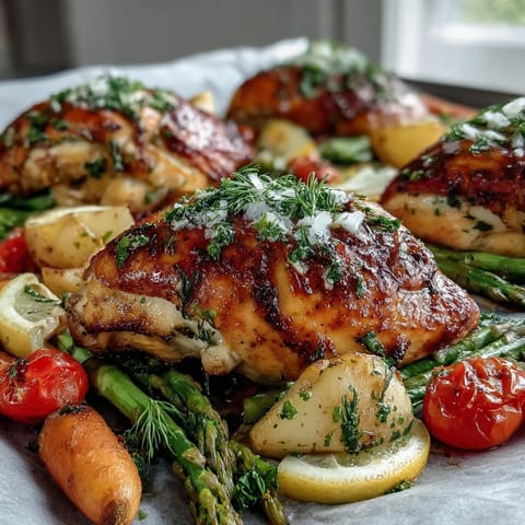 Healthy Easy Sheet Pan Chicken with Spring Veggies sizzling on a colorful tray with asparagus, tomatoes, and peppers.