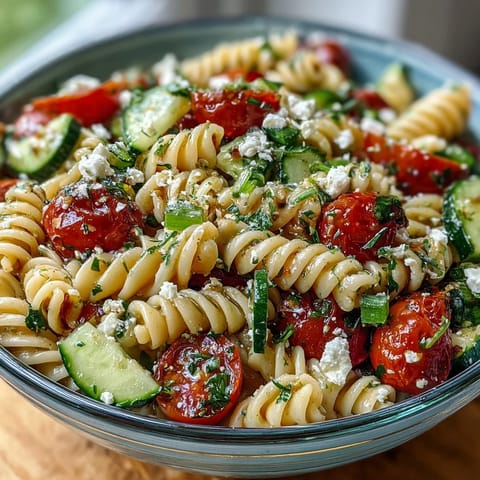 Lemon Vinaigrette Pasta Salad with Cucumbers and Cherry Tomatoes in a white bowl, garnished with parsley and feta cheese.