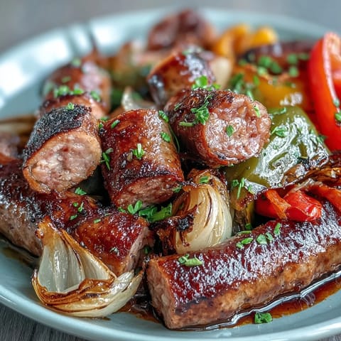 Sheet Pan Sausage and Peppers: juicy sausages roasted with sweet bell peppers and onions for a quick, flavorful dinner.  