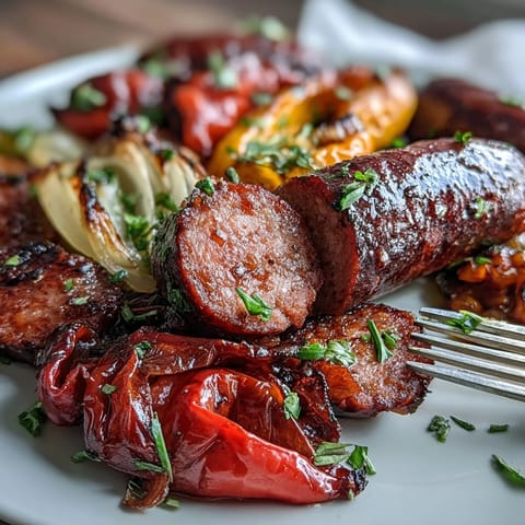 Colorful roasted sausage and peppers with caramelized onions, seasoned with herbs and spices, served hot from the oven.  