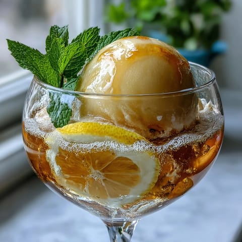 Bubbly Limoncello Sorbet Float with sparkling water and fresh mint, perfect for a refreshing Italian dessert drink.
